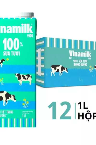 [Thùng 12 hộp] Sữa tươi Vinamilk 100% không đường hộp 1 lít